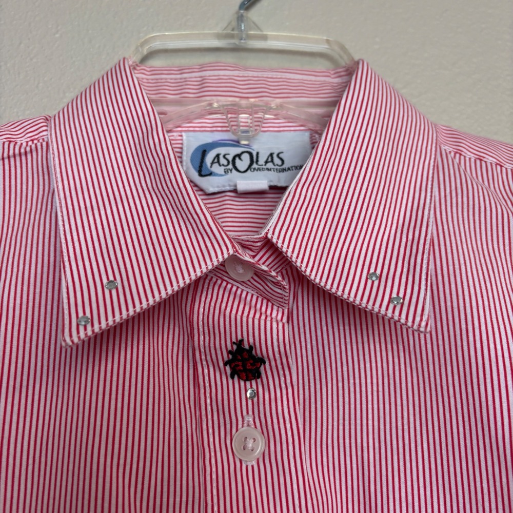 Las Olas Ladybug Embroidered Shirt Womens Small Red Pinstripe Rhinestone Vintage - Picture 4 of 15